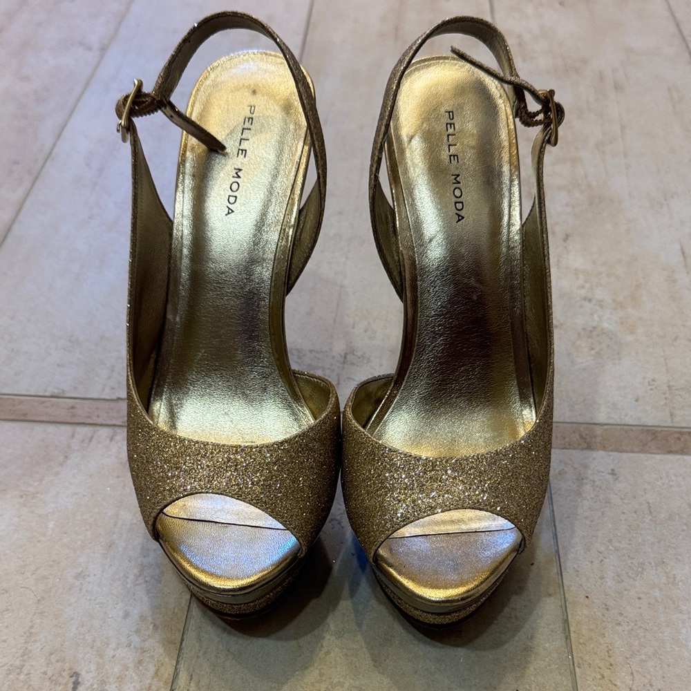 Pelle Moda Shimmering Gold Peep-Toe Heels